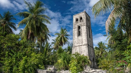 Ruined tower amidst lush tropical foliage