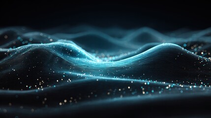 Abstract digital landscape, waves of light and particles