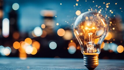 Glowing light bulb on a table, with blurred city lights and sparkling effects in the background