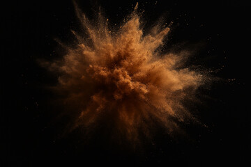 Explosive vibrant cocoa powder burst capturing dynamic motion and rich texture against a stark black background perfect for impactful design.