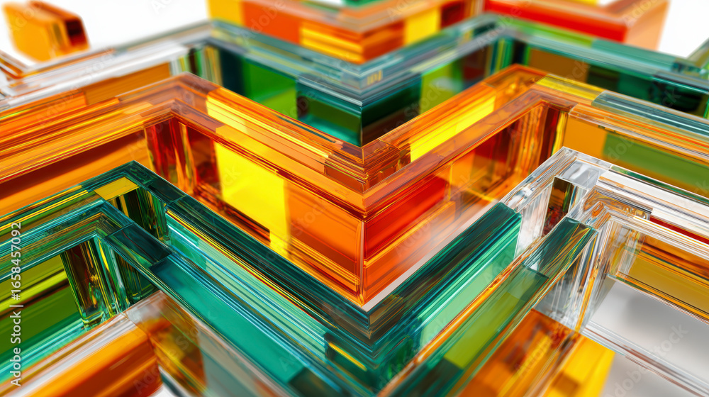 Poster colorful translucent acrylic sheets stacked in an overlapping arrangement, showcasing a range of vib