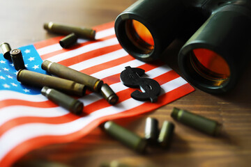 The concept of support in a military conflict. Solidarity. Politics. The flags are on the table.