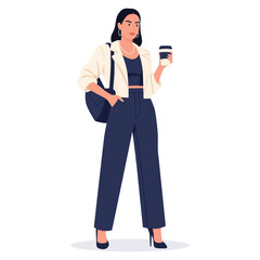 flat vector of character female as office worker holding coffee paper cup