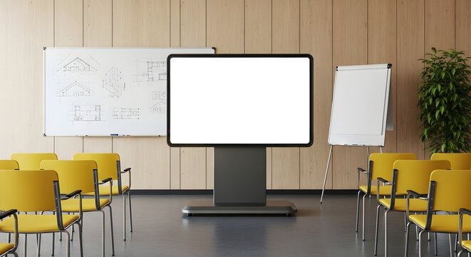 A modern conference room setup with yellow chairs, a large blank screen display, and whiteboards, ideal for business meetings and presentations