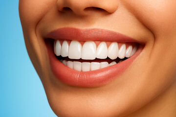 Fototapeta premium Radiant smile showcasing perfect white teeth and healthy lips, inspiring confidence and beauty with a bright, clean aesthetic against a vibrant blue background