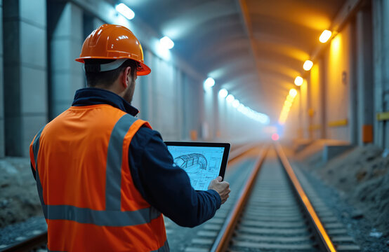 Engineer with hard hat, safety vest checks digital tablet displaying blueprints inside rail tunnel construction site. Man monitors subway project progress, uses technology for civil engineering,