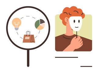 Person holding a smiling face mask beside a magnifying glass showcasing lightbulb, shopping bag, chart. Ideal for identity, creativity, analysis, online trends, research, e-commerce innovation