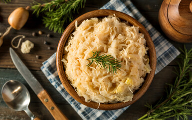 Wooden bowl with sauerkraut top view