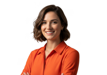 Smiling woman in orange shirt isolated on transparent background