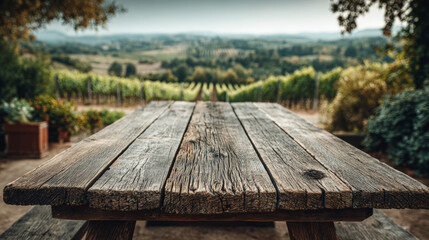 Fototapeta premium Rustic wooden table overlooking a serene vineyard landscape, evoking a sense of peacefulness and connection with nature.