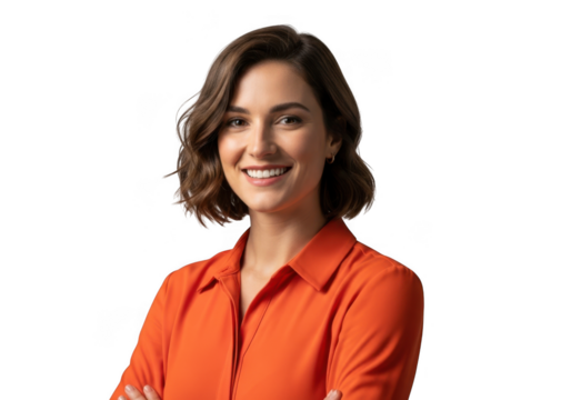 Smiling woman in orange shirt isolated on transparent background