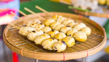 Grilled, round food on skewers