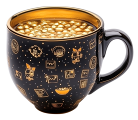 Black coffee cup adorned with stock market symbols and filled with liquid gold, symbolizing wealth and prosperity., isolated