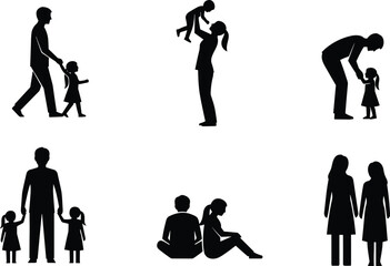 Silhouettes of adults and children, family interaction, parenting moments, black isolated figures, emotional bonding, love, care, support, sitting, walking