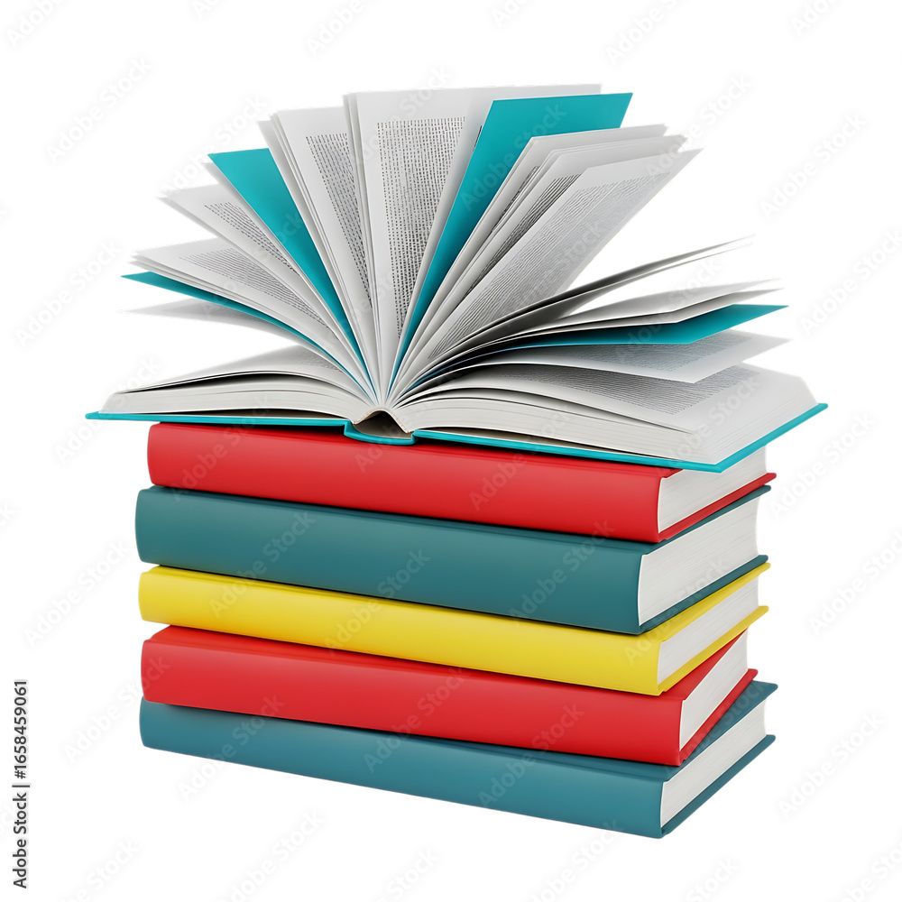 Poster Stack of colorful books with open book isolated on transparent background