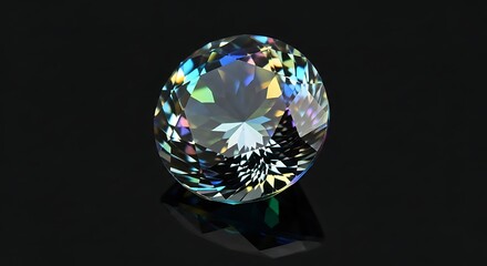 Brilliant round cut gemstone with rainbow reflections on black background, luxury diamond style jewel, sparkling crystal close up for fine jewelry design
