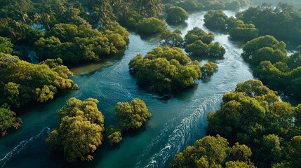 Obraz premium Aerial view of a lush forest with several intertwined river channels, reflecting sunlight through the dense canopy of trees.