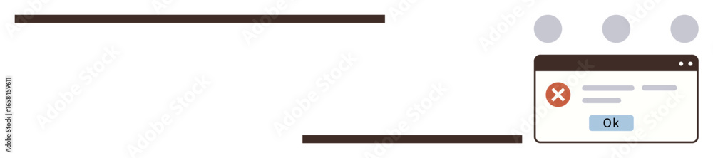 Poster warning message box with red error icon and ok button. circular elements above represent connectivit