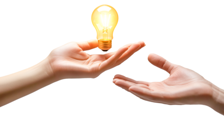 Two hands exchange glowing light bulb, symbolizing inspiration and guidance. image conveys sense of collaboration and innovation., isolated