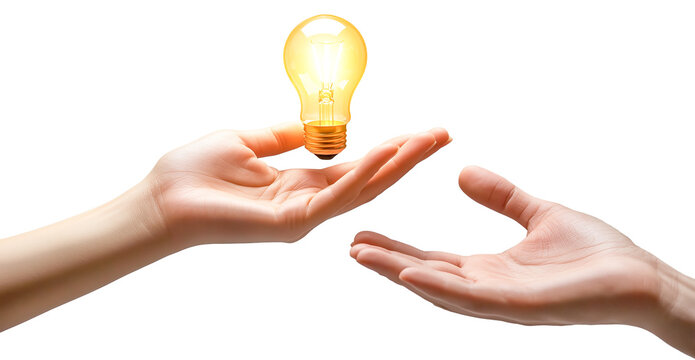 Two hands exchange glowing light bulb, symbolizing inspiration and guidance. image conveys sense of collaboration and innovation., isolated