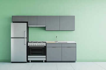 Minimalist gray kitchen with a refrigerator, oven, and shelves on a light green wall background.