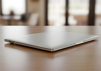 Silver Laptop on Wooden Table, Modern Home Office Workspace