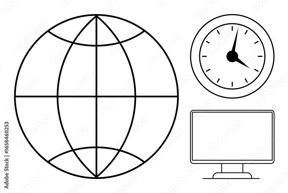 Aufkleber globe representing worldwide connection, clock symbolizing time, monitor emphasizing technology. ide