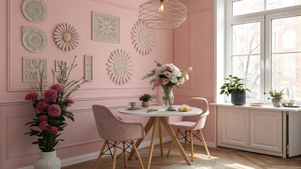 Flowers in a vase decorate a stylish living room with wooden furniture and a large window