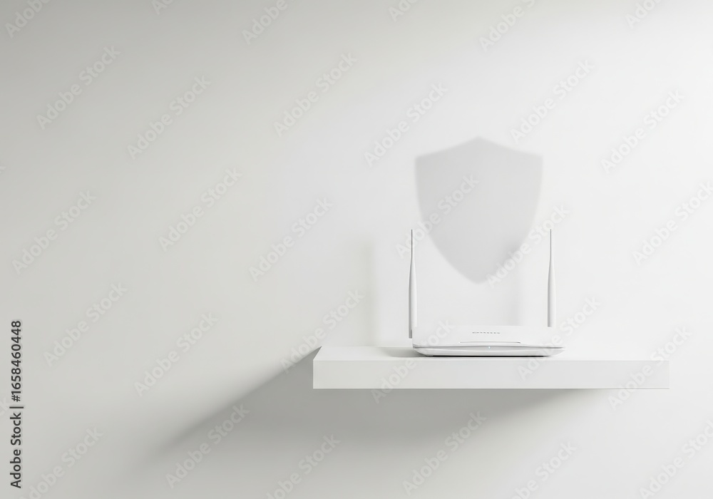 Poster wireless wifi router on a white shelf with shield shadow. network security and internet protection c