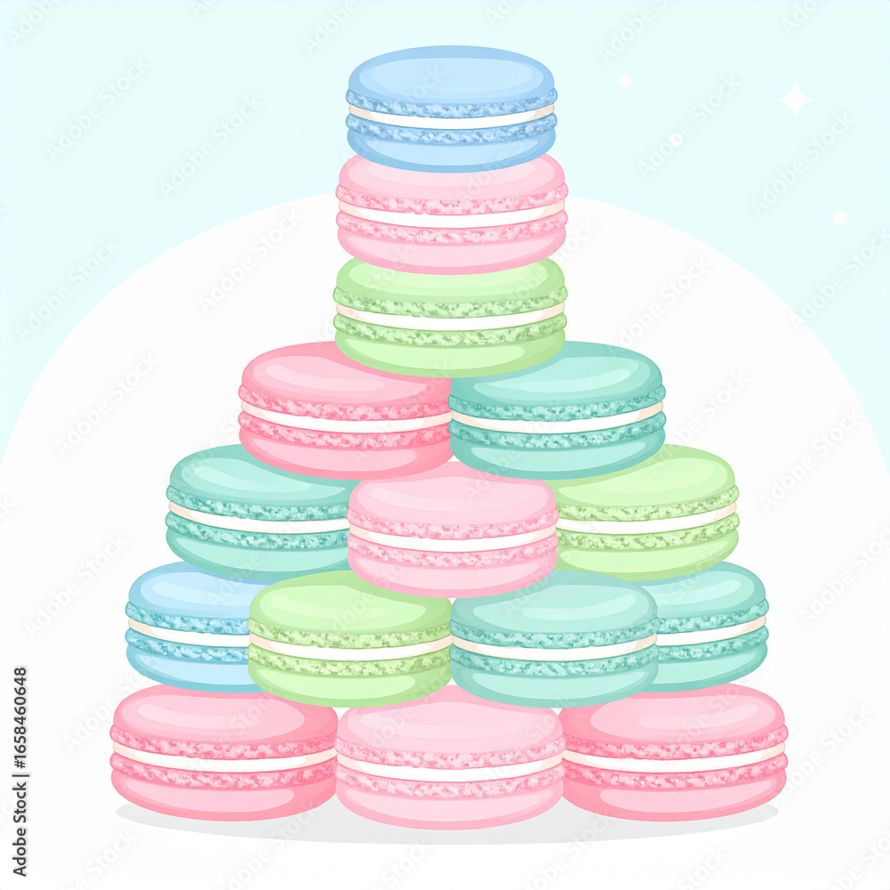 Poster a delightful array of pastel-colored macarons arranged in a pyramid shape, showcasing a sweet and ch
