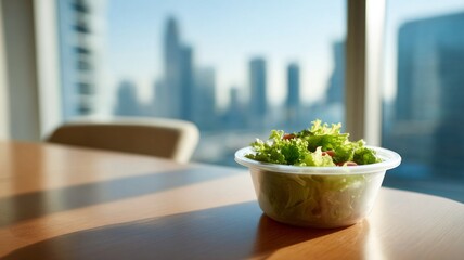 Fresh salad in a clear container on a wooden table with a city skyline in the background during daytime