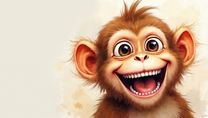 Obraz premium Humorous watercolor illustration of monkey with wide, joyful laugh. Features playful colors, detailed, lifelike fur textures. Expressive primate portrait captures moment of pure fun, vibrant energy,