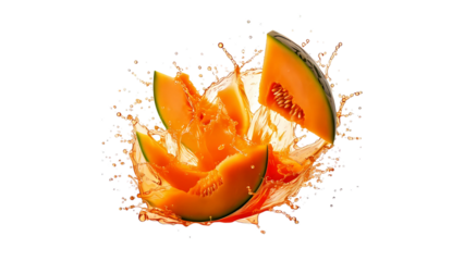 Slices of juicy cantaloupe bursting in a burst of orange juice, cut out