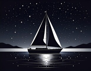 Majestic Sailboat Navigates Calm Waters Under a Starry Night Sky.