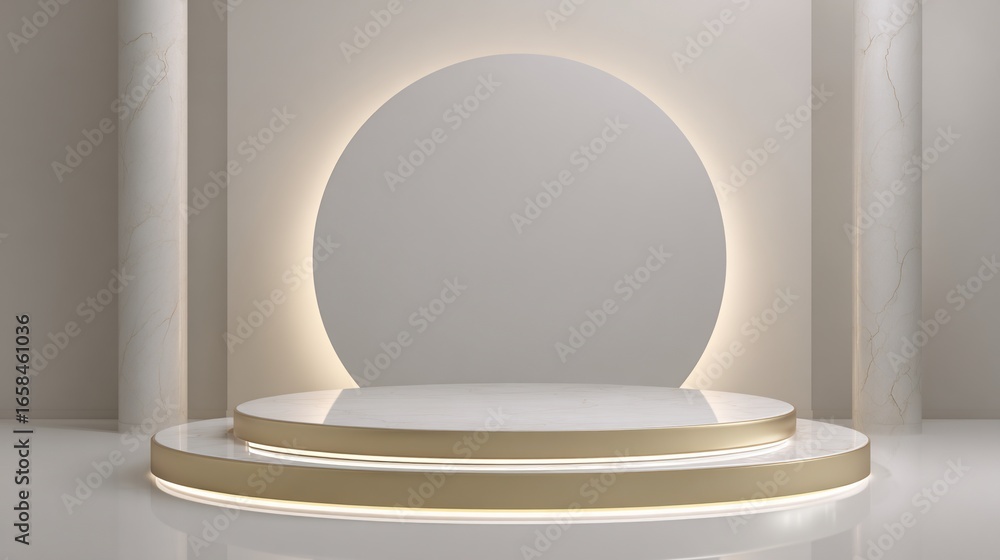 Poster elegant circular stage with glowing backlight and marble columns