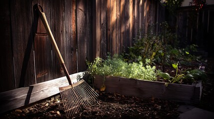 Obraz premium A Rustic Garden Scene with an Old Rake and Raised Planter Box
