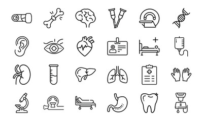 "Medical Healthcare Outline Icons Set Hospital Equipment, Anatomy, Surgery, First Aid, Doctor Tools, Pharmacy, Emergency, Laboratory, and Patient Care Vector Pack"