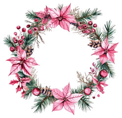 Obraz premium PNG Pink christms frame illustration watercolor wreath.