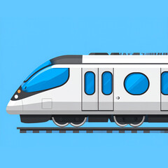 Naklejka premium A stylized illustration of a modern passenger train, featuring a clean, light gray exterior and vibrant blue windows, set against a simple light blue backdrop.