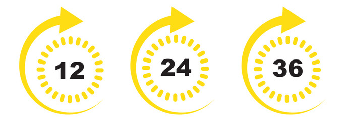 Hour timer icon collection with 12 hours, 24 hours, 36 hours, 48 hours and 72 hours vector logotype countdown stickers in red and black color - Vector Icon