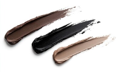 Three swatches of brow gels in different shades on a white background: one brown, a second black, and the third grey, with no color in between.