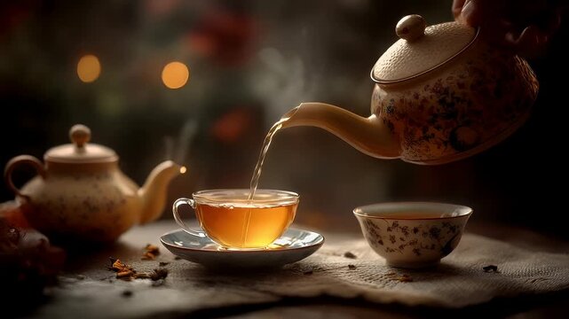 A closeup shot of a porcelain teapot pouring tea into a glass cup. The scene is set against a blurred background with bokeh lights, suggesting a festive or celebratory atmosphere.