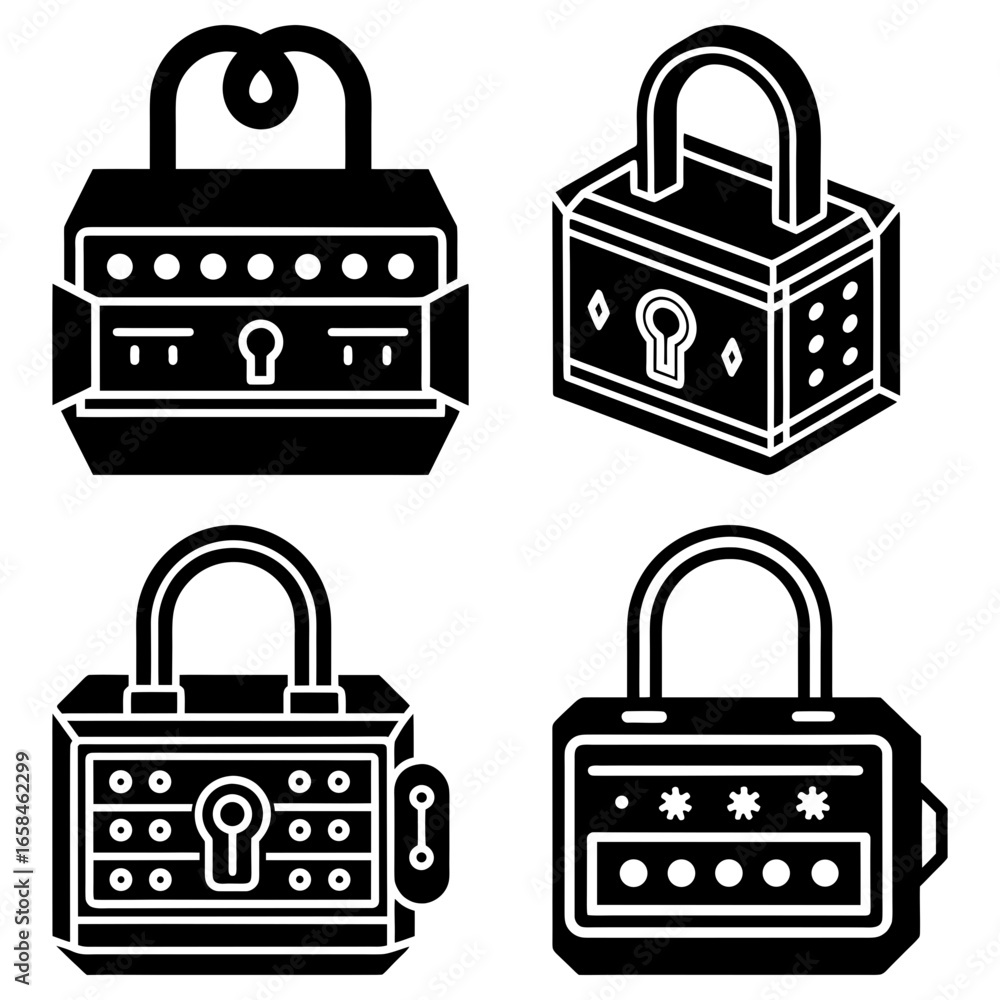 Aufkleber four black and white stylized padlocks with different locking mechanisms are displayed in a grid for
