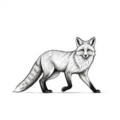 Obraz premium A detailed black and white ink drawing of a fox walking with its tail raised