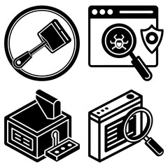 Illustration showing a piston in a circle, a bug being examined, a lockbox, and a server being examined