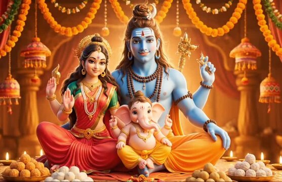 Hindu Divine Family &ndash; Lord Shiva, Goddess Parvati, and Ganesha Together in Festive Artwork