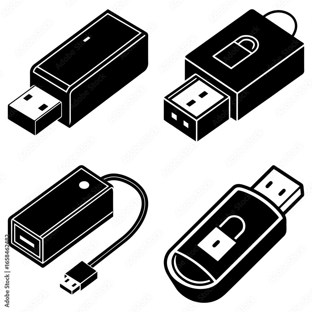 Poster isometric view of four usb drives with varying designs and security features in black and white styl