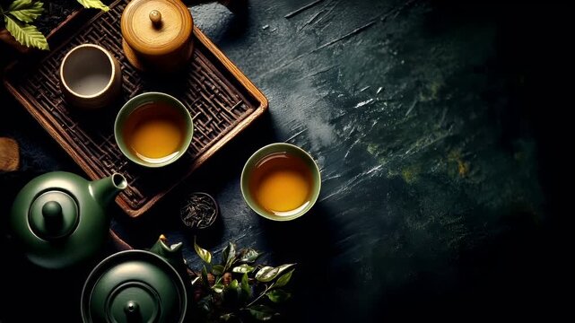 A topdown view of a tea ceremony setup on a dark, textured surface. The main subject is a green teapot, which is the focal point of the image.