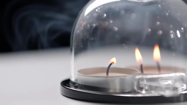 Candles burning under glass dome with smoke trailing off creates calming ambiance