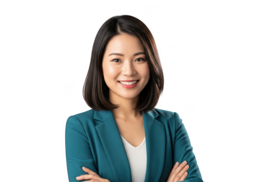 Smiling asian woman in teal blazer isolated on transparent background